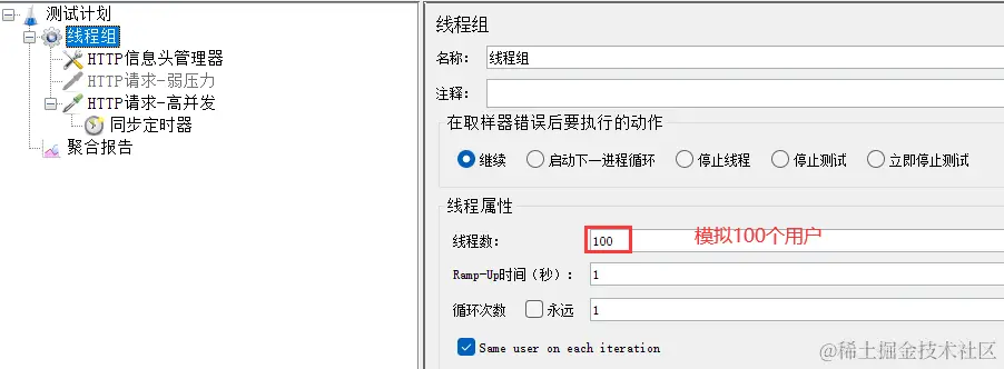 场景2：模拟100个用户同时访问服务器资源，要求平均响应时间在3000ms内，且错误率为0配图（1）