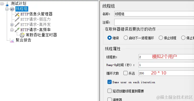 场景3：模拟2个用户以20QPS的频率访问服务器资源持续10秒，要求平均响应时间在3000ms内配图（1）